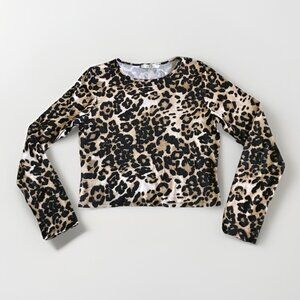 Gaze Tan & Black Leopard Print Long Sleeve Cropped Shirt‎ Top Size Medium